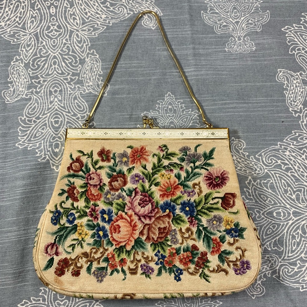 Embroidered kiss lock purse